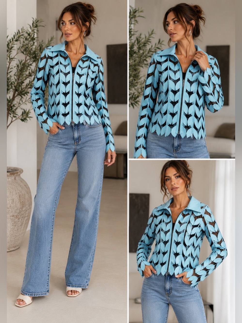 Unique Leather Studio Blue Leather Leaf Appliqué Mesh Zip Jacket Women’s Artwear